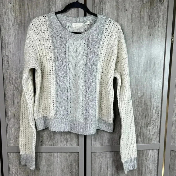 Sleeping On Snow Sweater Medium Cable Knit Elbow Patch Cream and Gray M - Picture 1 of 9